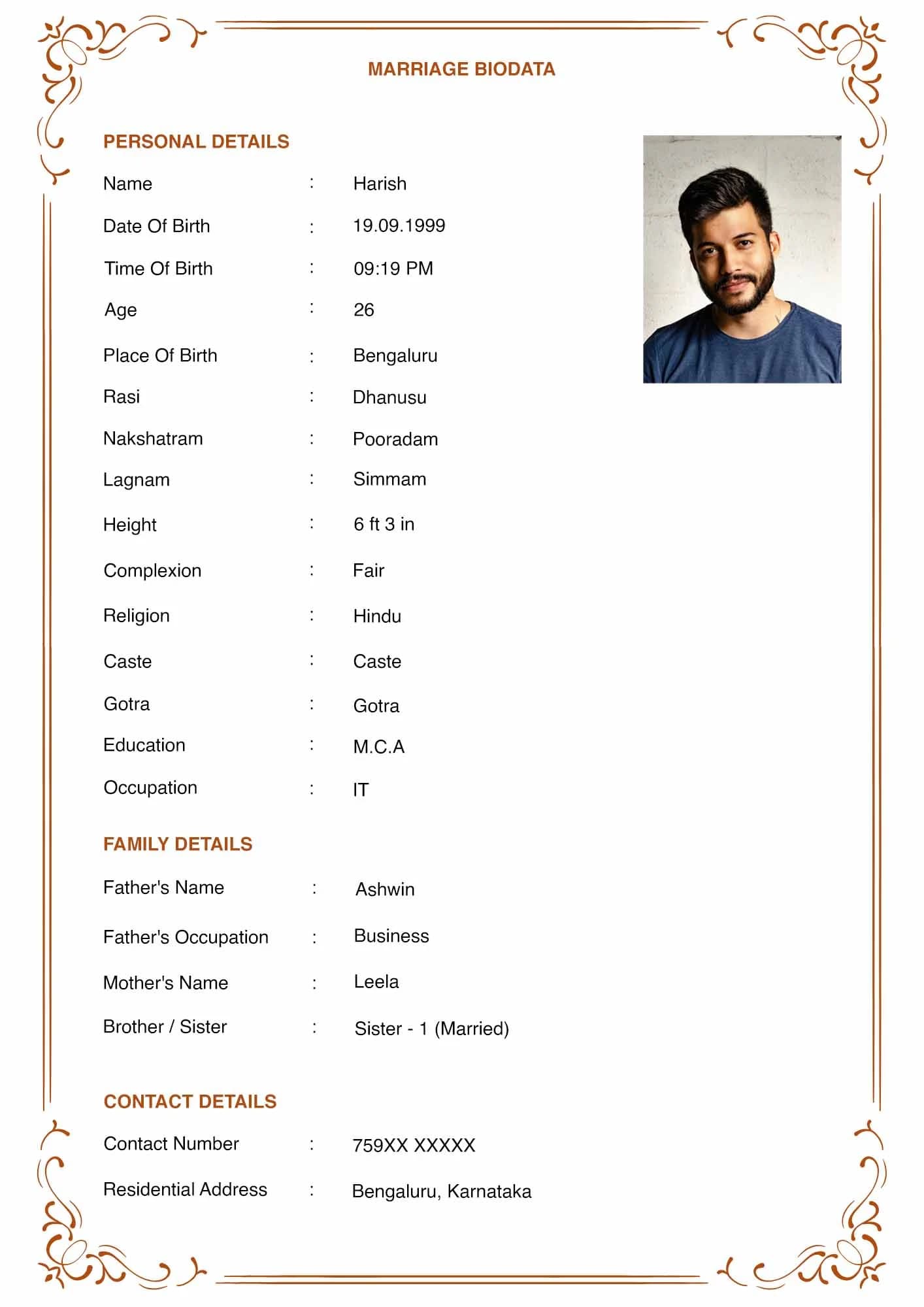 Classic traditional marriage biodata format template with gold border