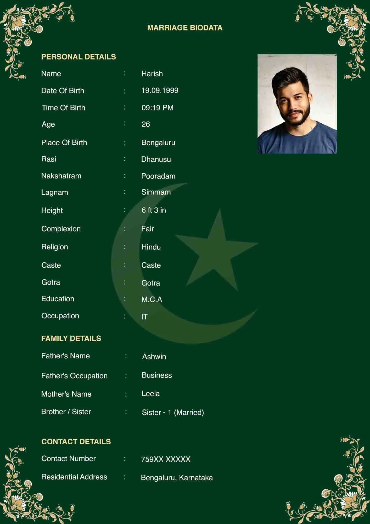 Green Islamic marriage biodata format template with crescent symbol
