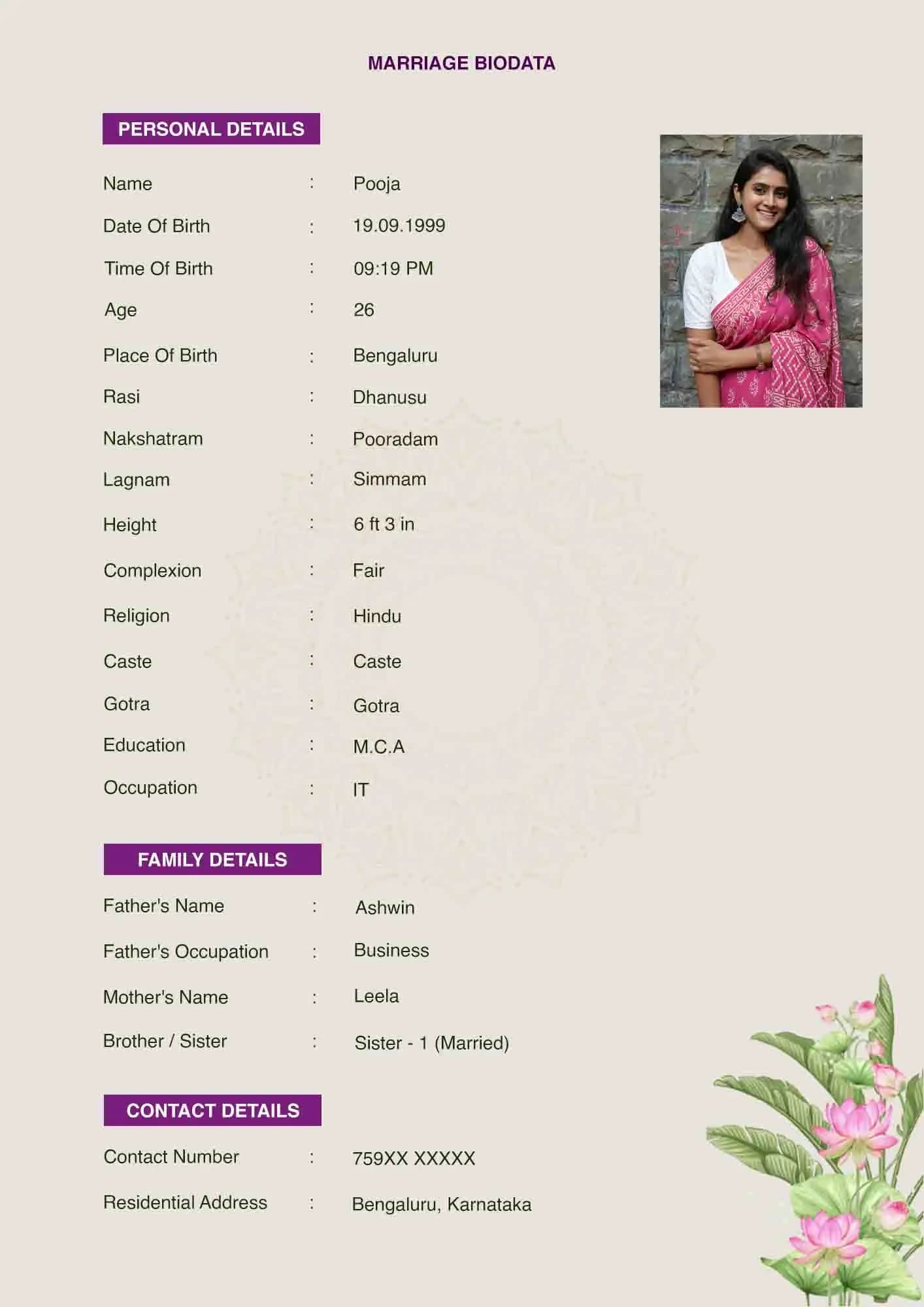 Premium portrait elegant marriage biodata format design for girls