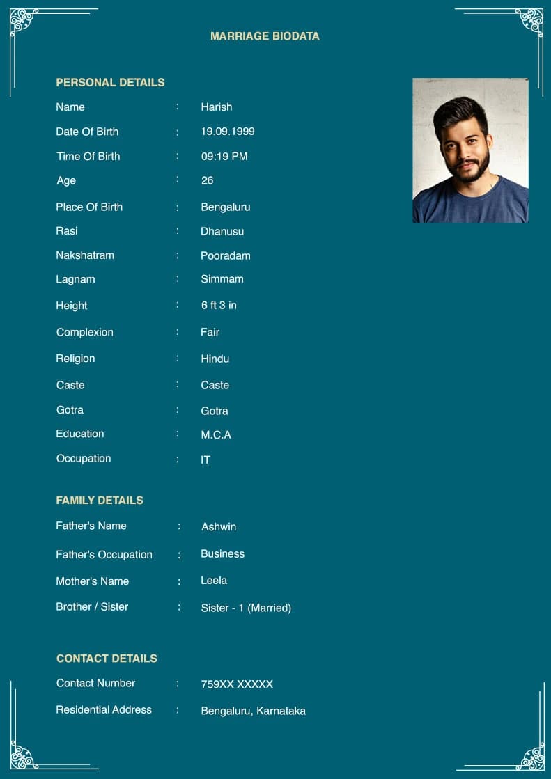 Elegant floral blue border marriage biodata design for modern profiles
