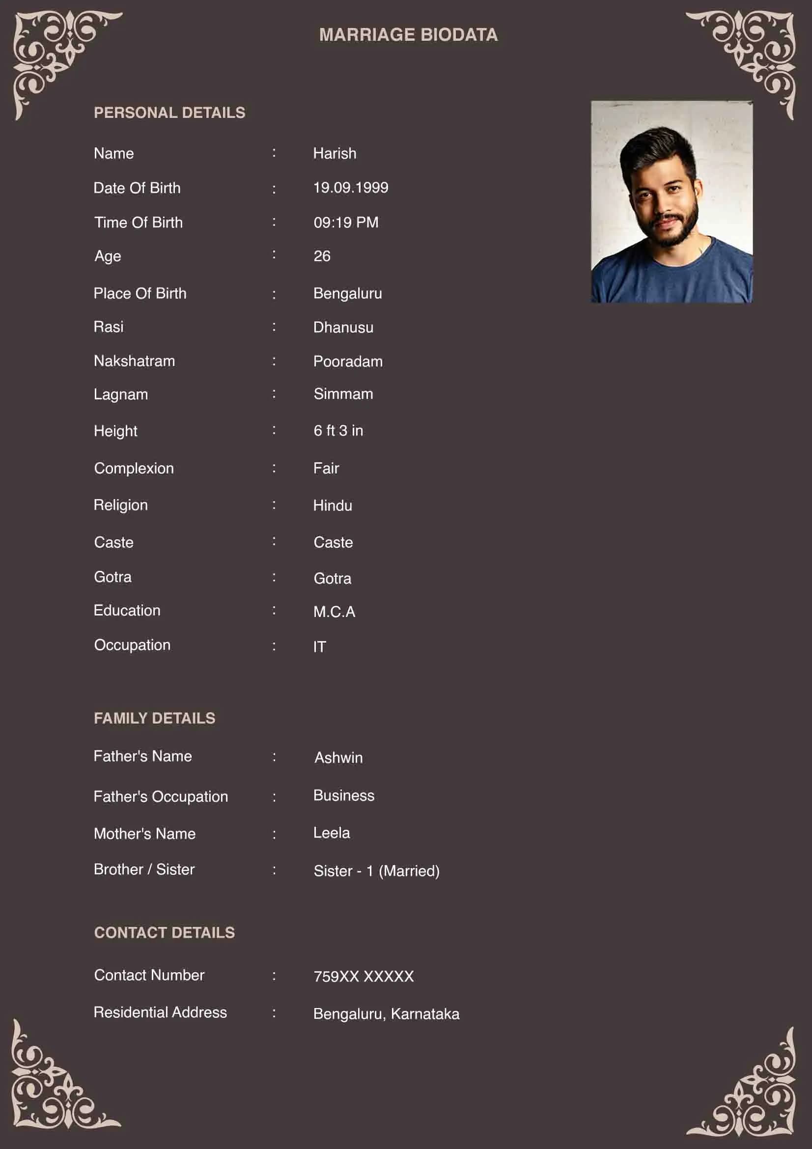 Dark brown bordered structured marriage biodata format for all communities