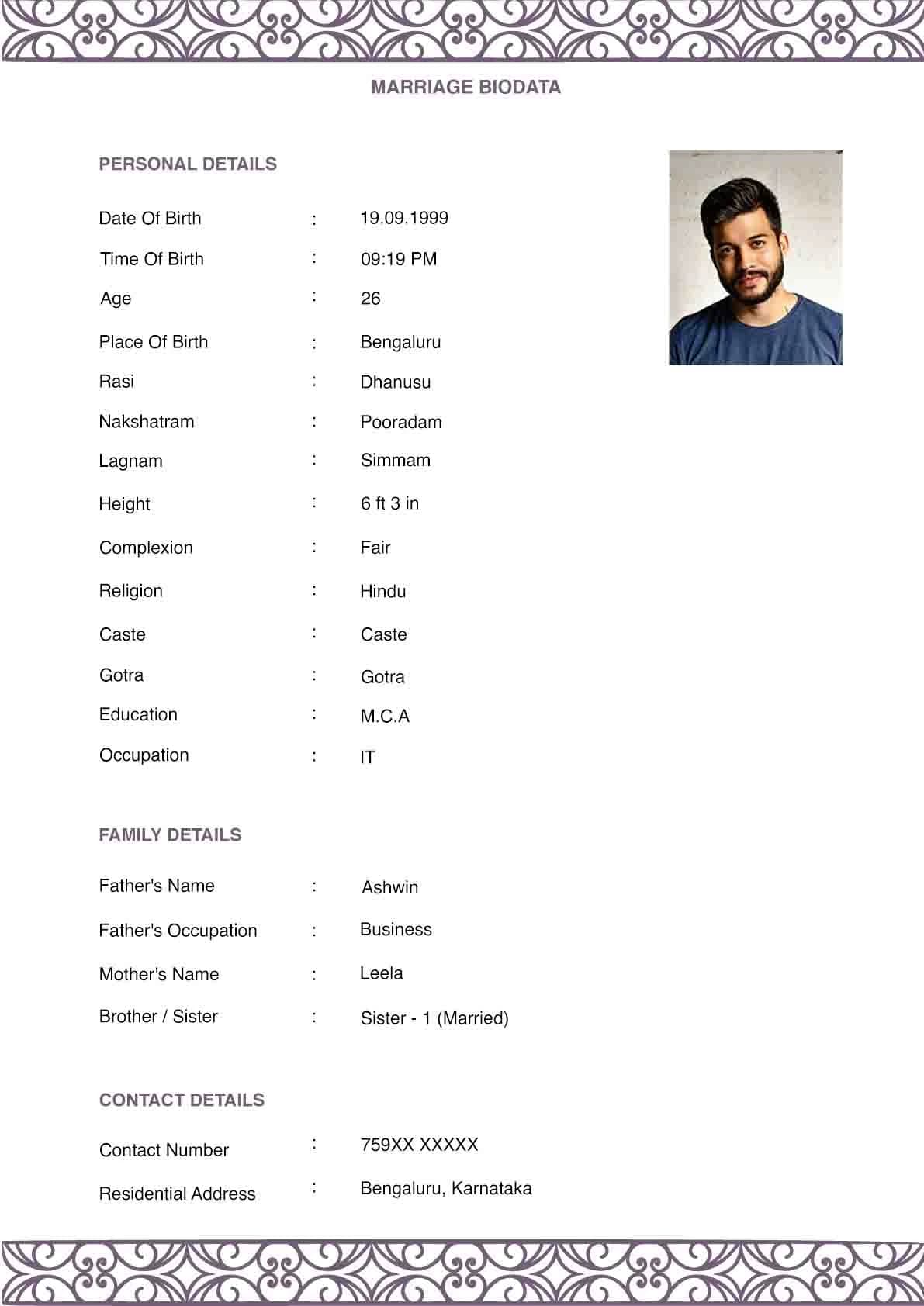 Compact single page marriage biodata template layout for WhatsApp sharing