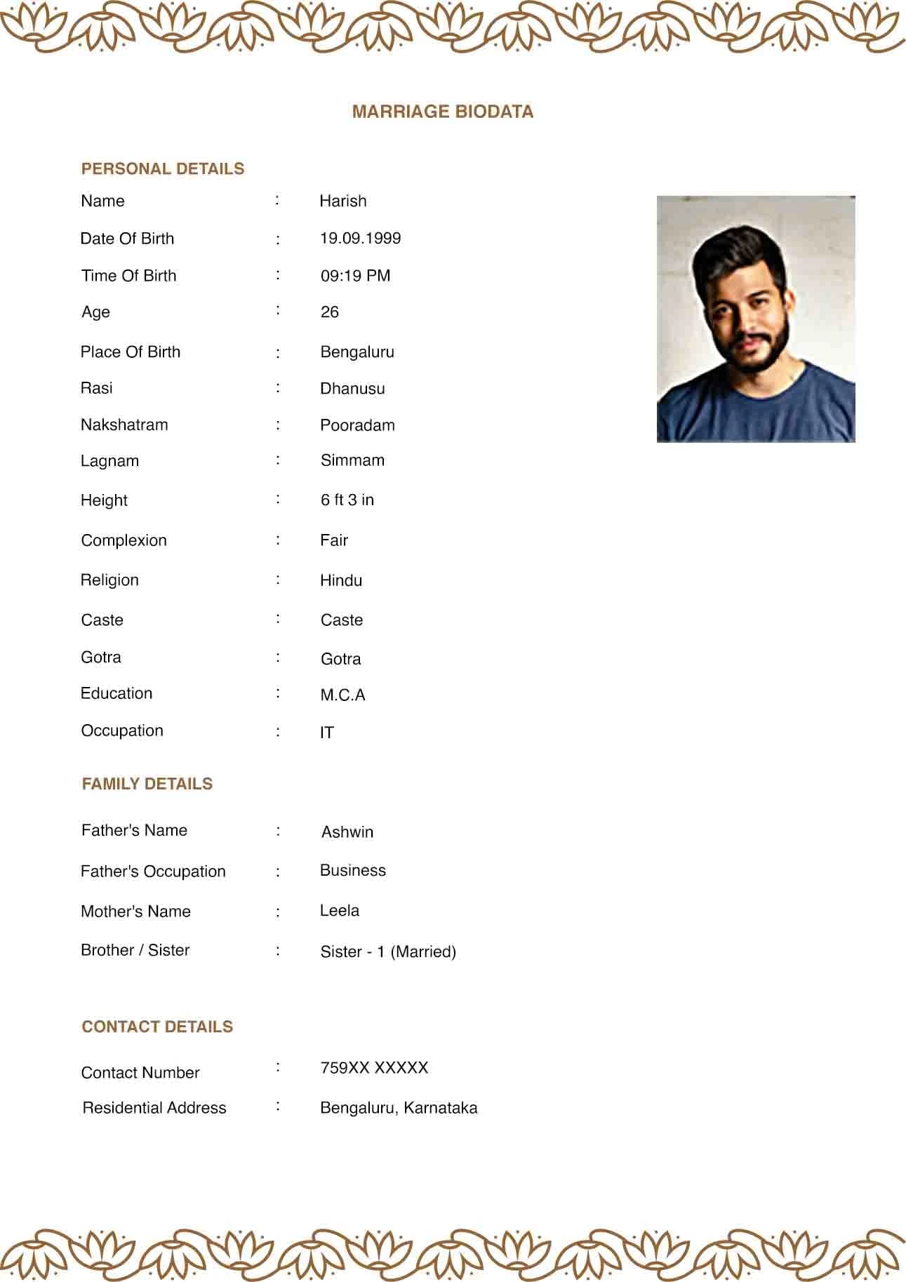 Royal gold luxurious marriage biodata format with horoscopic charts