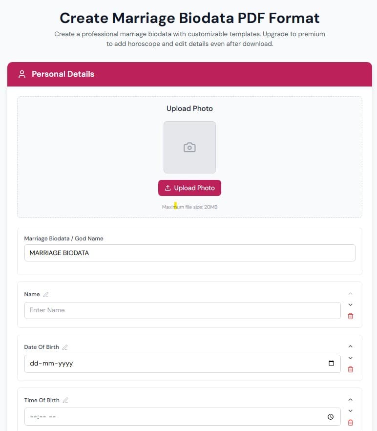 Enter personal details in marriage biodata maker