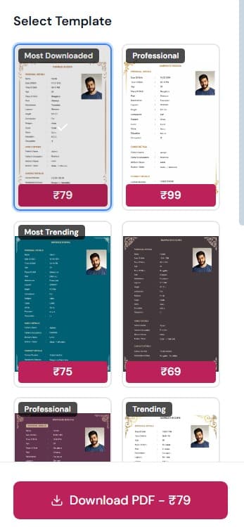 Select template and download and share marriage biodata PDF