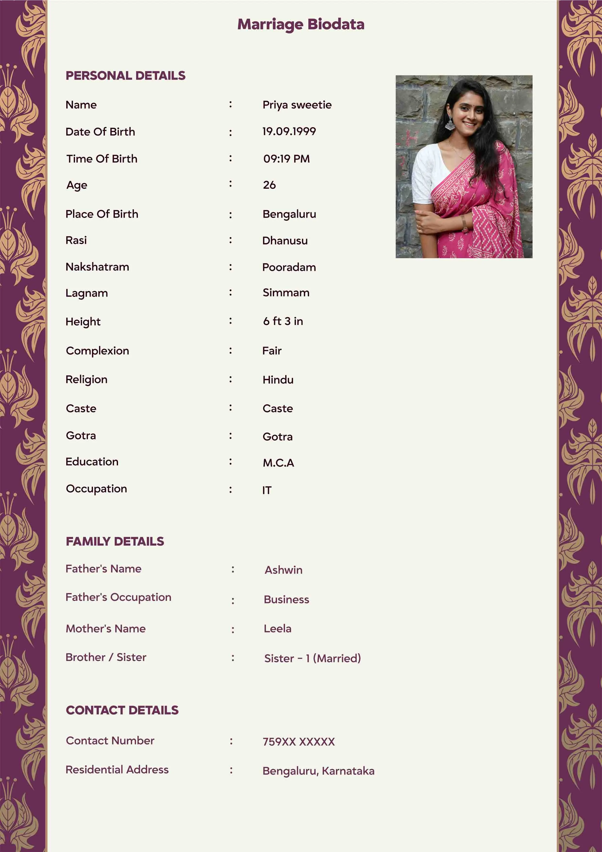 Premium Biodata Format with Multiple Photos and Horoscope