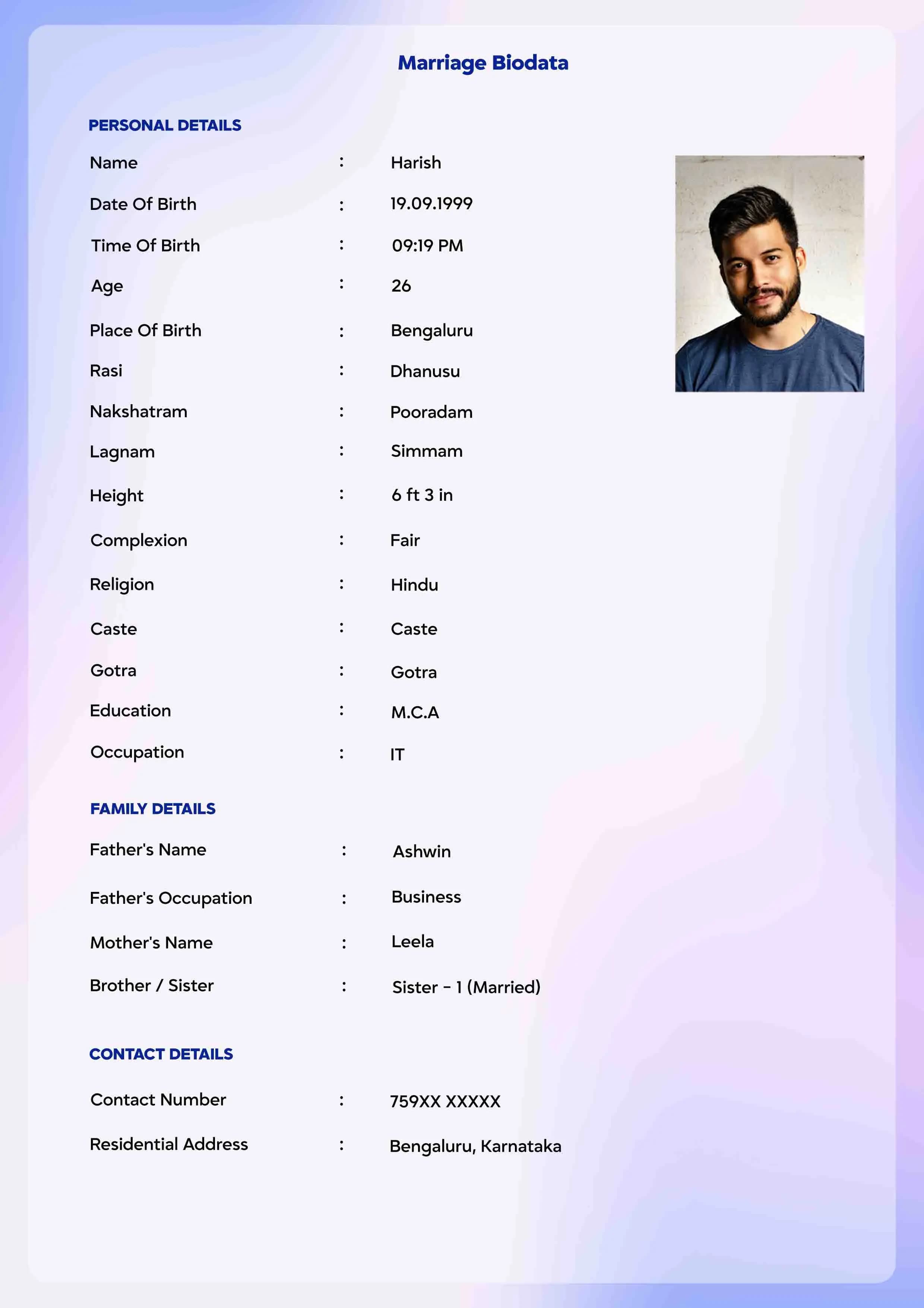 Premium Biodata Format with Multiple Photos and Horoscope